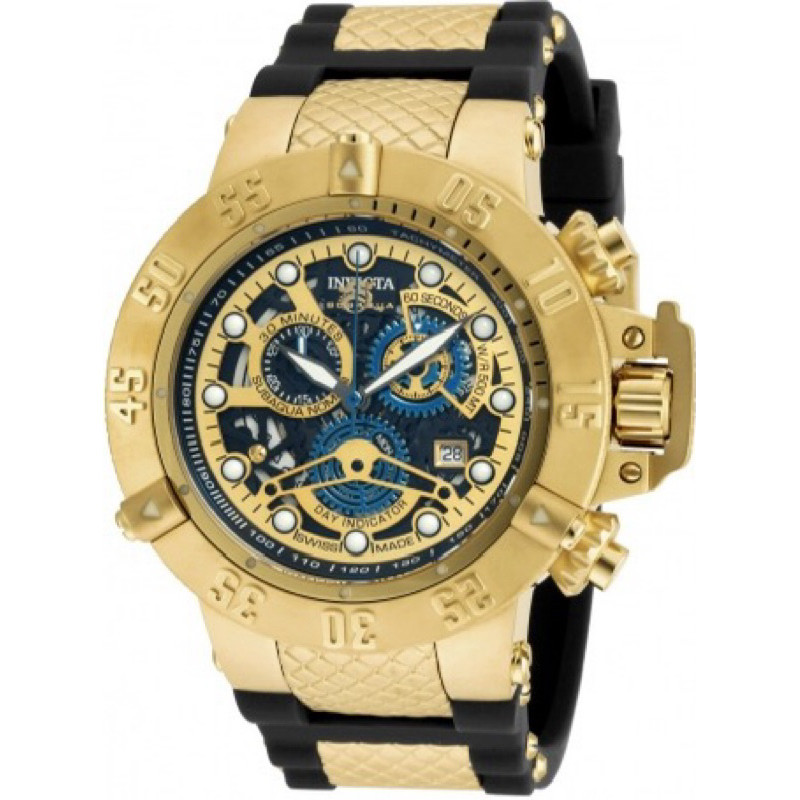 Relógio Invicta Sub aqua Noma 3 Skeleton Gold Azul Banhado a Ouro 18k, com caixa
