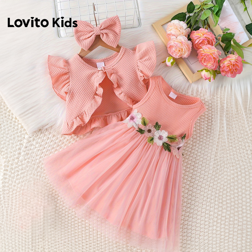 Lovito Kids Vestido Rosa De 2 Peças Primavera/verão para Bebê com Jacquard Contrastado e Babados de Malha LNL136156 em Oferta na Shopee