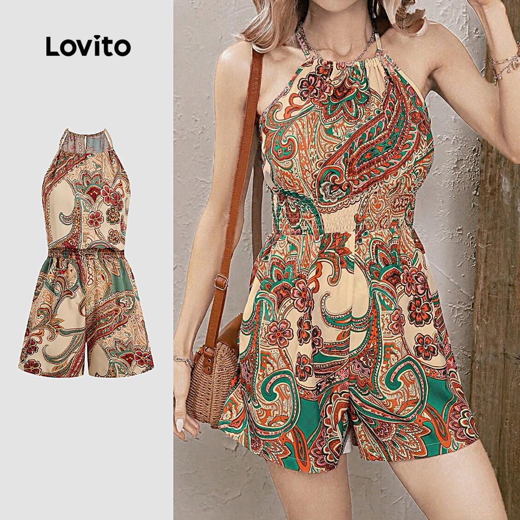 Lovito  Macacão Boho Smocked para Mulheres Primavera/Verão L172ED1126 em Oferta na Shopee