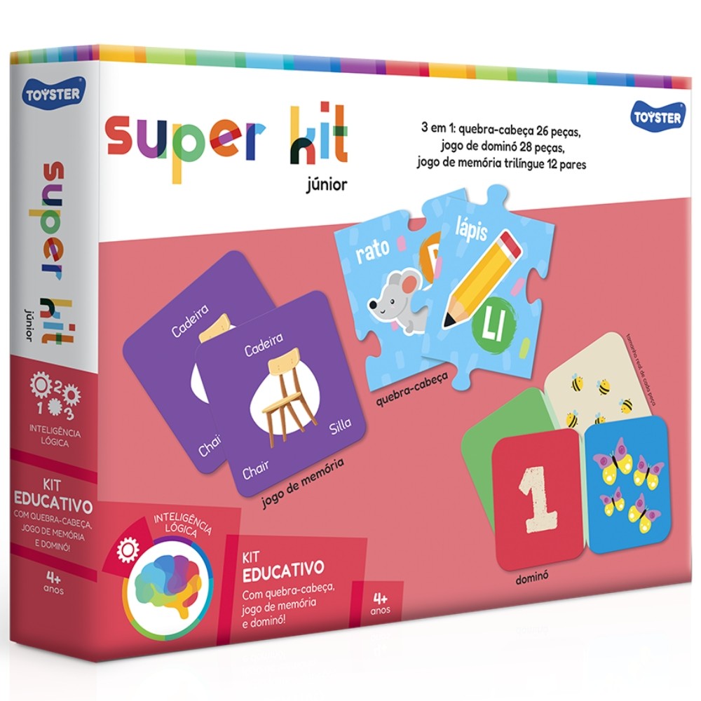 JOGO EDUCATIVO SUPER KIT JÚNIOR 3 EM 1 TOYSTER QUEBRA CABEÇA + DOMINÓ + JOGO DE MEMÓRIA BRINQUEDO