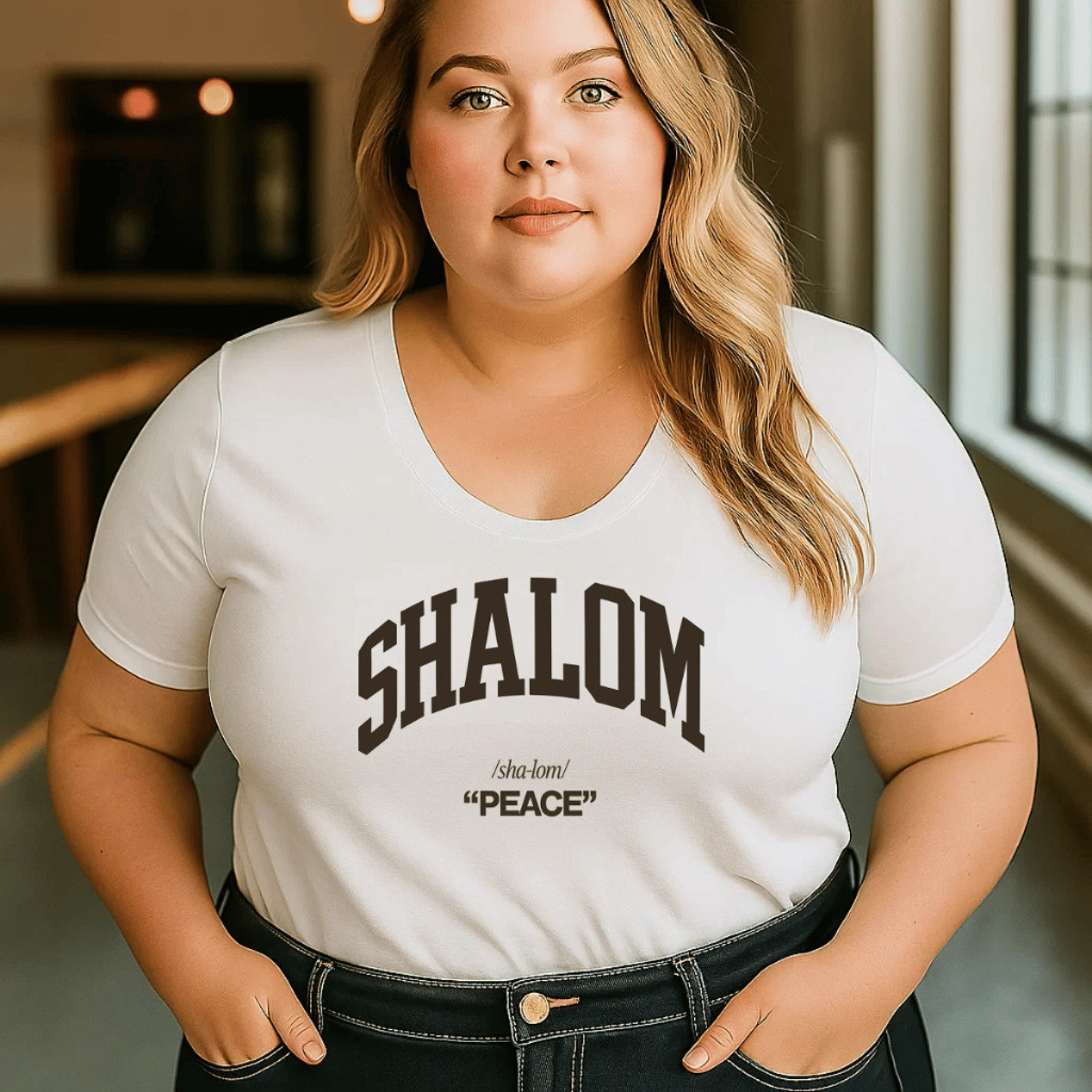 Camiseta Plus Size Feminina Estampada Shalom Cristã Blusa 100% Algodão Premium Camisa Elegante