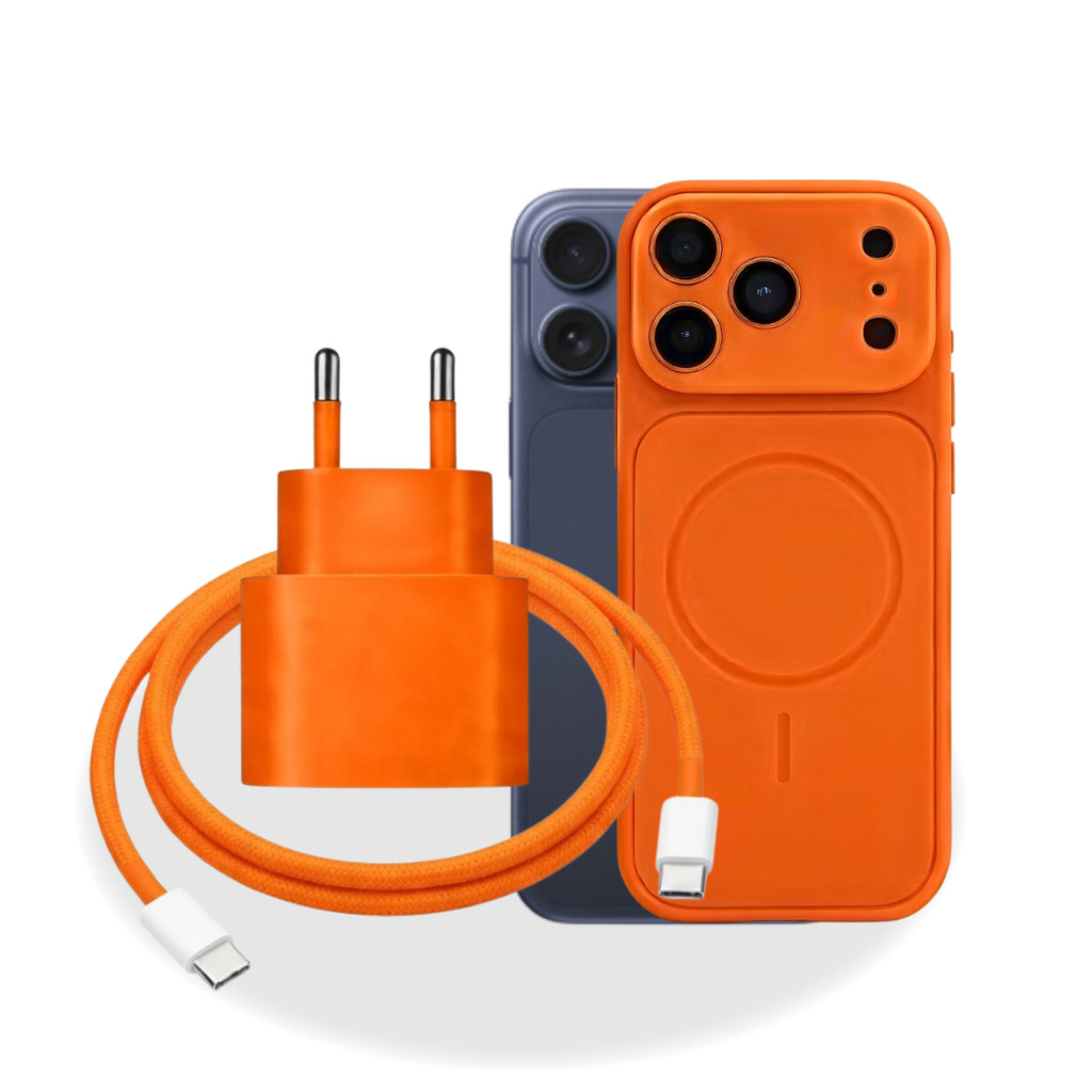 Kit Carregador 40w Capa Magsafe Laranja Protetor de Câmera Para iPhone 17 Pro Max Laranja