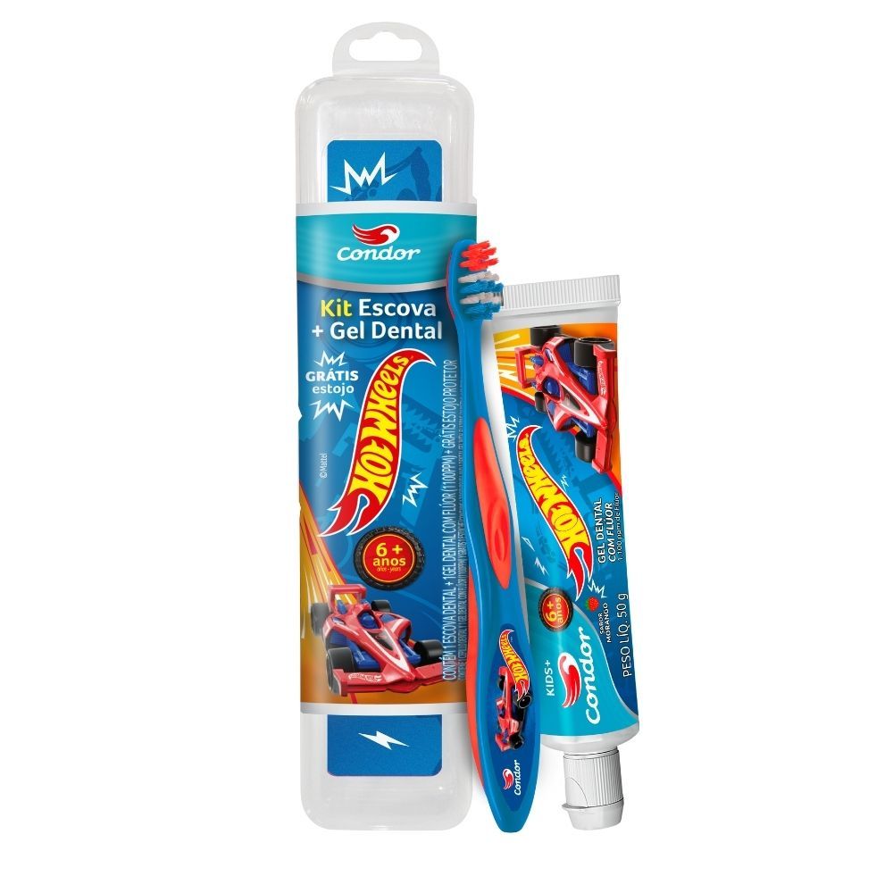 Kit Escova + Gel Dental Condor Kids Hot Wheels com Flúor Morango 50g e Ganhe Estojo Protetor em Oferta na Shopee