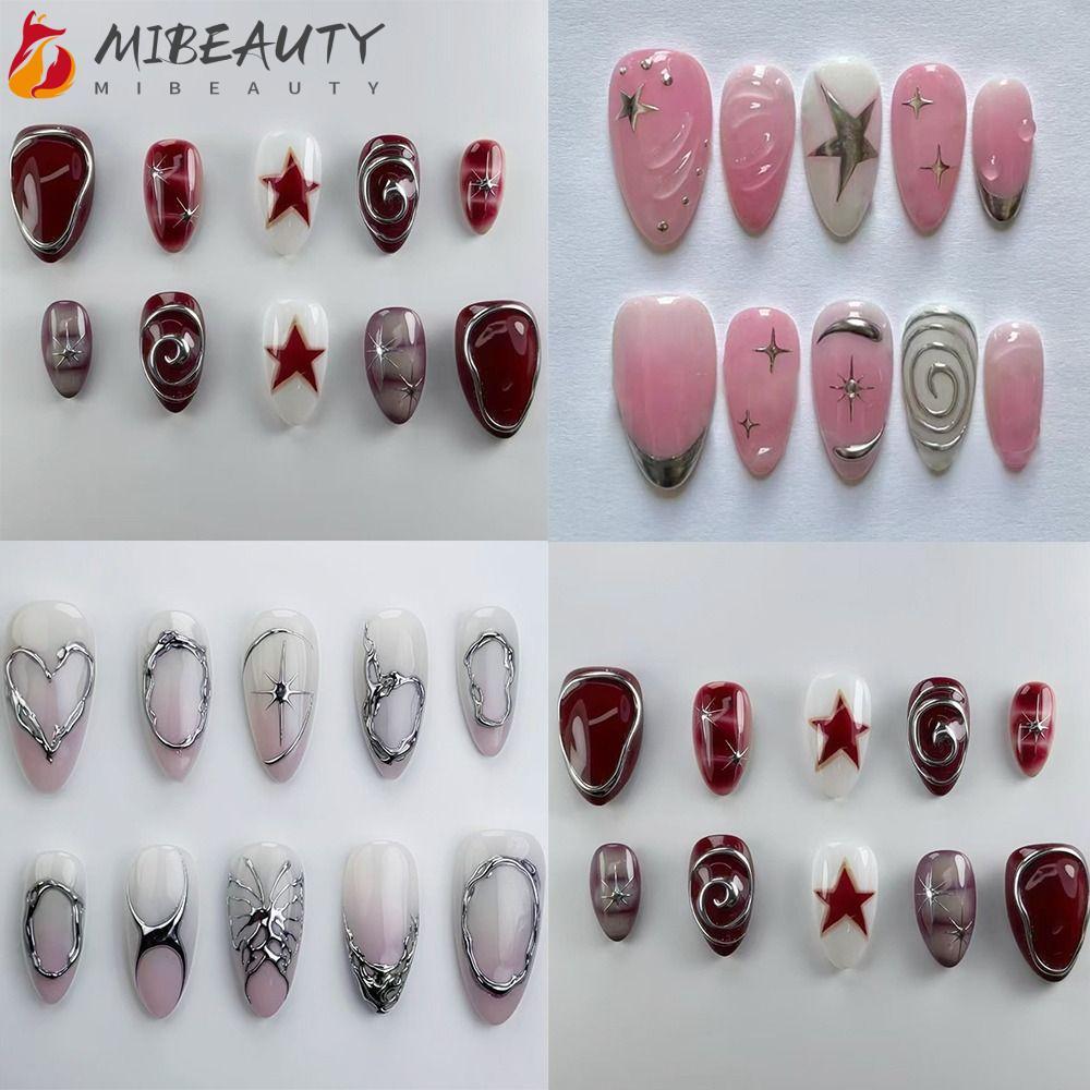 MIBEAUTY 24 Peças De Unhas Postiças , Falsas Com Borda Branca Francesa De Amêndoa Longa , Pontas Onduladas Douradas Estr