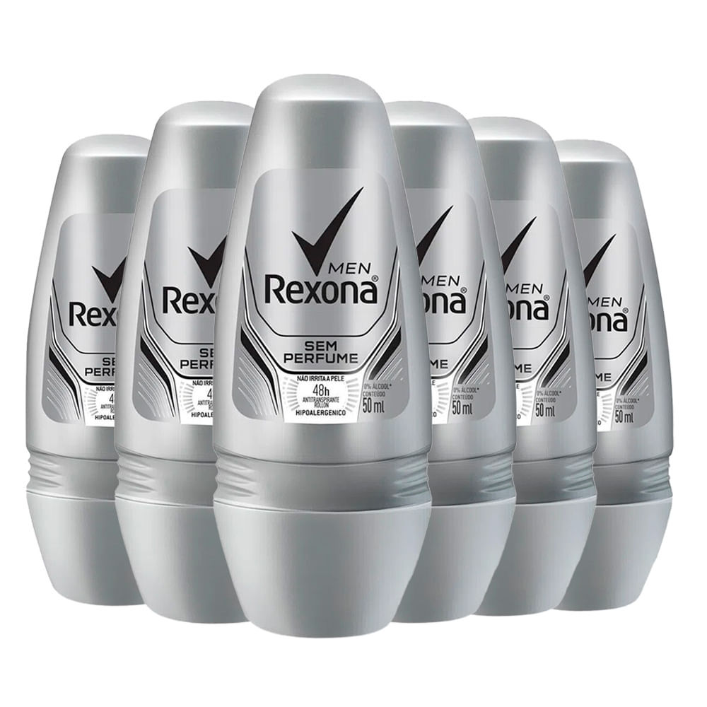 Kit Desodorante Roll On Rexona Men Sem Perfume 50ml - 6 Unidades em Oferta na Shopee