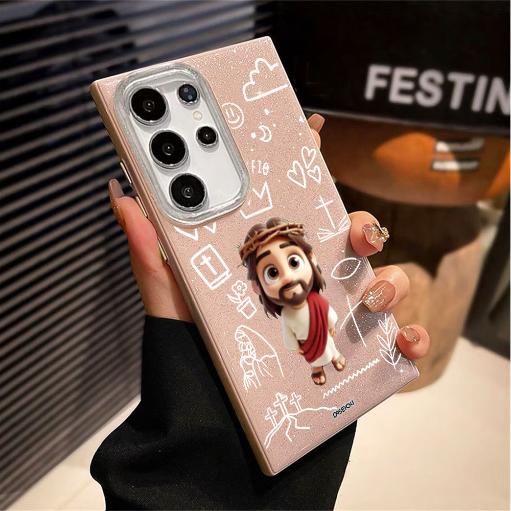 Caso Glitter Para Samsung S26 Ultra S25 S24 Plus S23 FE S22 S21 S20 A17 A07 A06 A15 A16 A56 Dos Desenhos Animados Jesus 