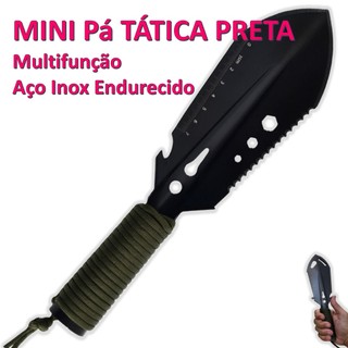 Mini Pá PRETA Multifunção Cava Corta Serra Acampamento Trilha Pesca Sobrevivência c/ Cordelete VERDE