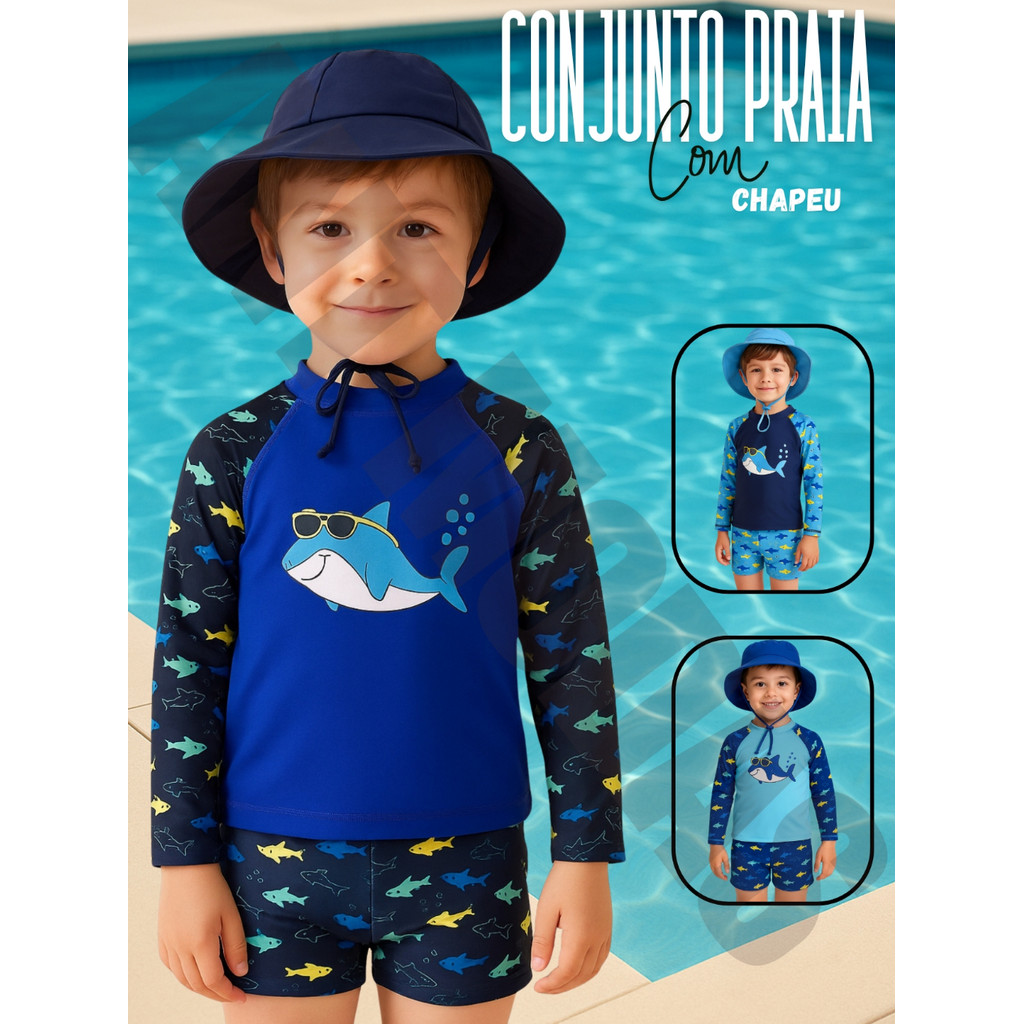Conjunto Verão Menino UV 50+ Sunga Camiseta e Chapéu Praia