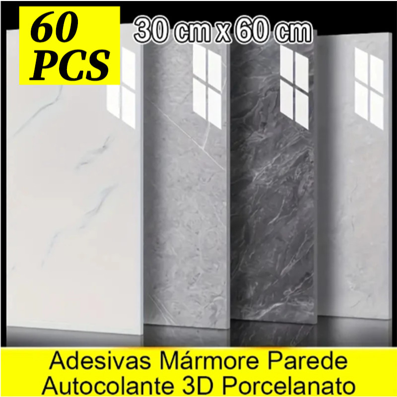 60PCS Adesivos de Parede 60x30 Revestimento em Mármore Placas Adesivas Banheiro Cozinha Lavabo Cerâmica
