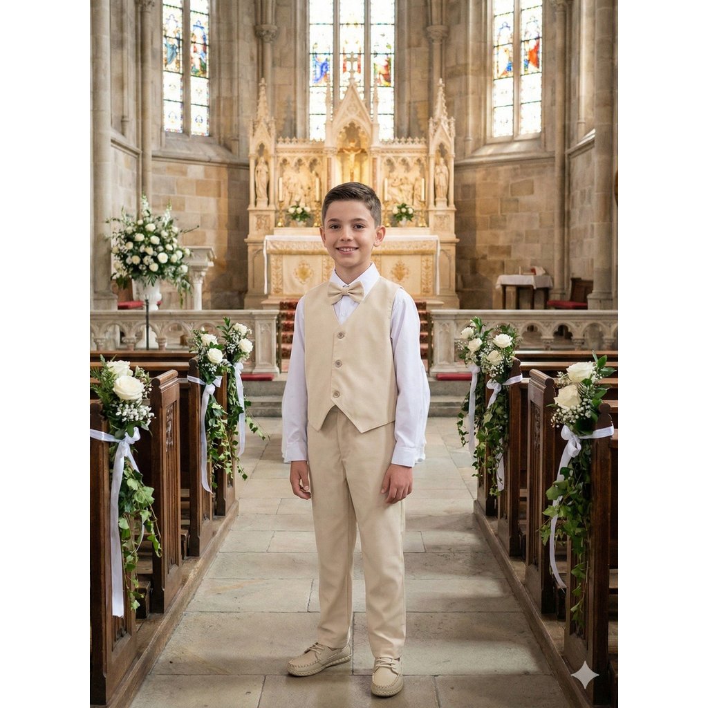 Conjunto Social Infantil Masculino Colete Bege Camisa Branca Calça e Gravata Borboleta Elegante Festa
