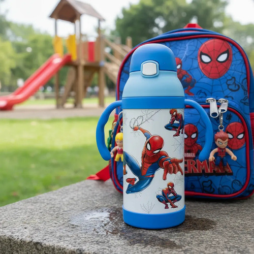 Garrafa Térmica Com Pegador E Alça Homem Aranha Spider 330ml Azul-aço