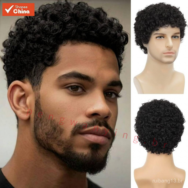 Peruca Afro Masculina Europeia e Americana, Cabelo Curto Cacheado Macio e Realista, Cabelo Cacheado Preto FXG7
