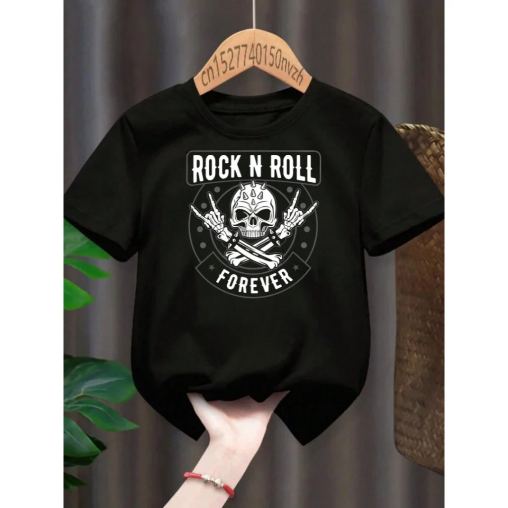 Camiseta Camisa Infantil Juvenil Unissex Rock In Roll Caveira  Forever Dedo % ̃