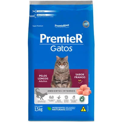 Ração Premier Pet Gatos Ambientes Internos Pelos Longos Adultos Frango 1,5kg