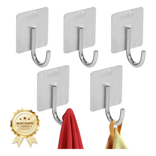 Ganchos Adesivos Inox 304 Escovado Kit 5 Unidades Quadrado