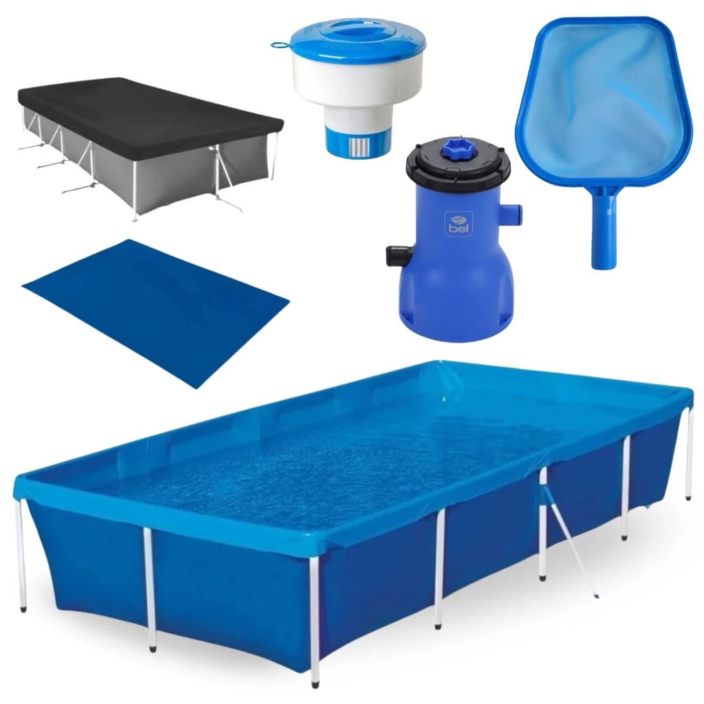 Piscina 3000 Litros em Aço + Capa e Forro Protetores + Filtro 110v + Flutuador Grande e Peneira Plástica