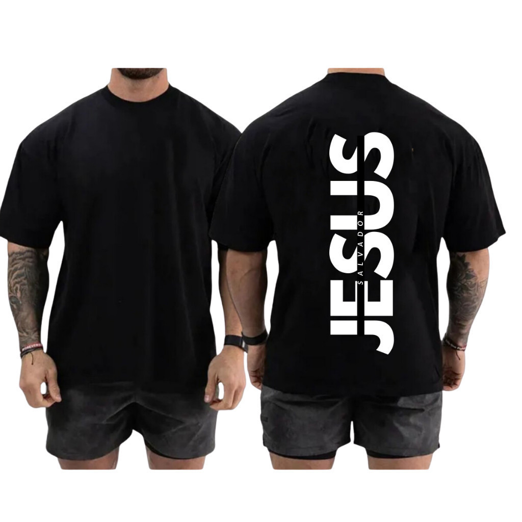 [Camiseta Vintage Masculina Algodão]HYP Camiseta Oversized Jesus Salvador  Grande Algodão Streetwear Treino Academia