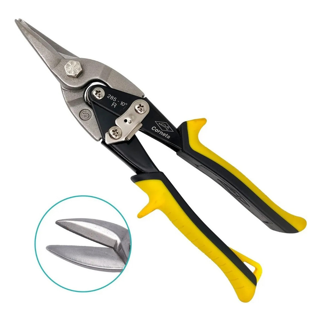 Tesoura de Aviação Bico Reto Manual Com Trava Segurança Corte Chapas Ferro Aço Inox Profissional Cor Amarela