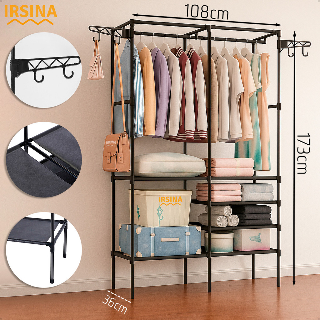 Closet Aberto Guarda Roupa Portatil 2 Divisórias Preto com 6 Prateleiras em Oferta na Shopee