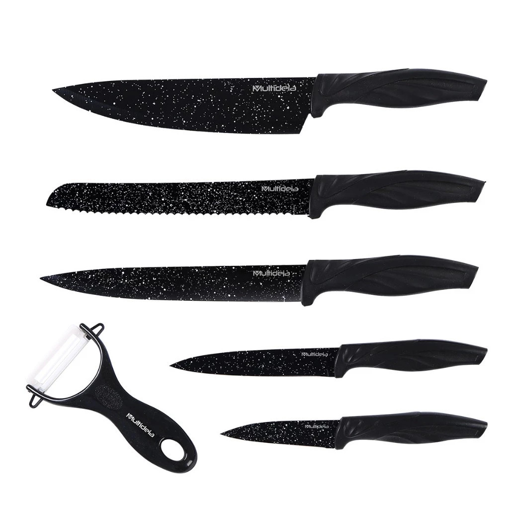 Kit Jogo De Facas Faqueiro 6 Peças Acabamento em Mármore Aço Inox Churrasco e Cozinha | MD-12273