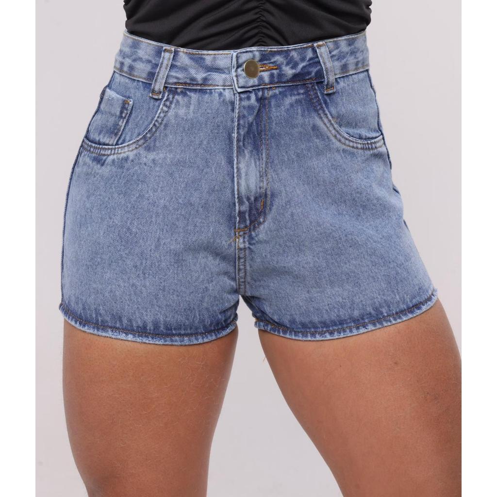 Short Jeans Feminino Marmorizado Cintura Alta Com Barra E Botão Dourado- Sem Elastano 100% Algodão em Oferta na Shopee