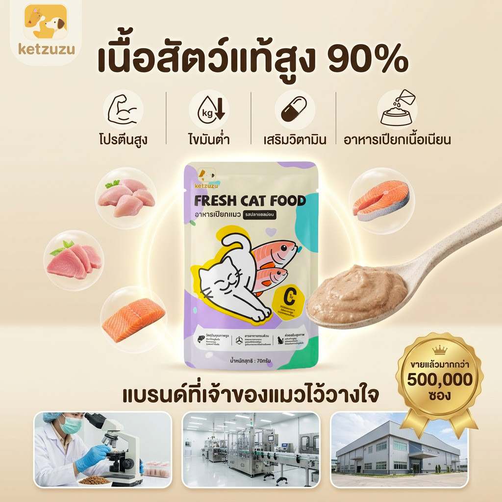 (ยกโหล 12 ซอง) อาหารเปียกแมว เกรดพรีเมี่ยม ทูน่าแท้ในเยลลี่ เกรนฟรี สำหรับลูกแมวและแมวโต ขนาด 70g - ภาพที่ 4