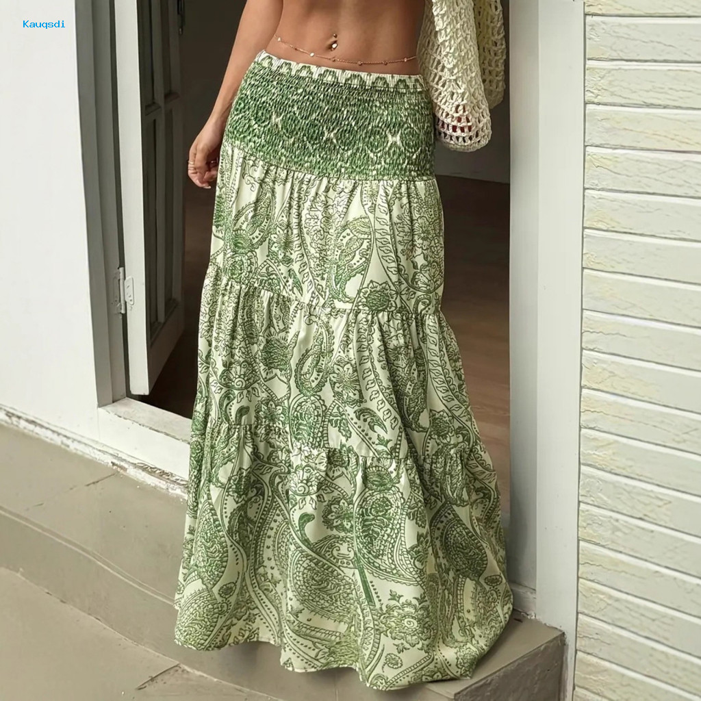 Saia De Cintura Alta Feminina Maxi Plissada Linha A Longa Com Emenda De Babados E Estampa Floral – Roupa De Férias Para Assim