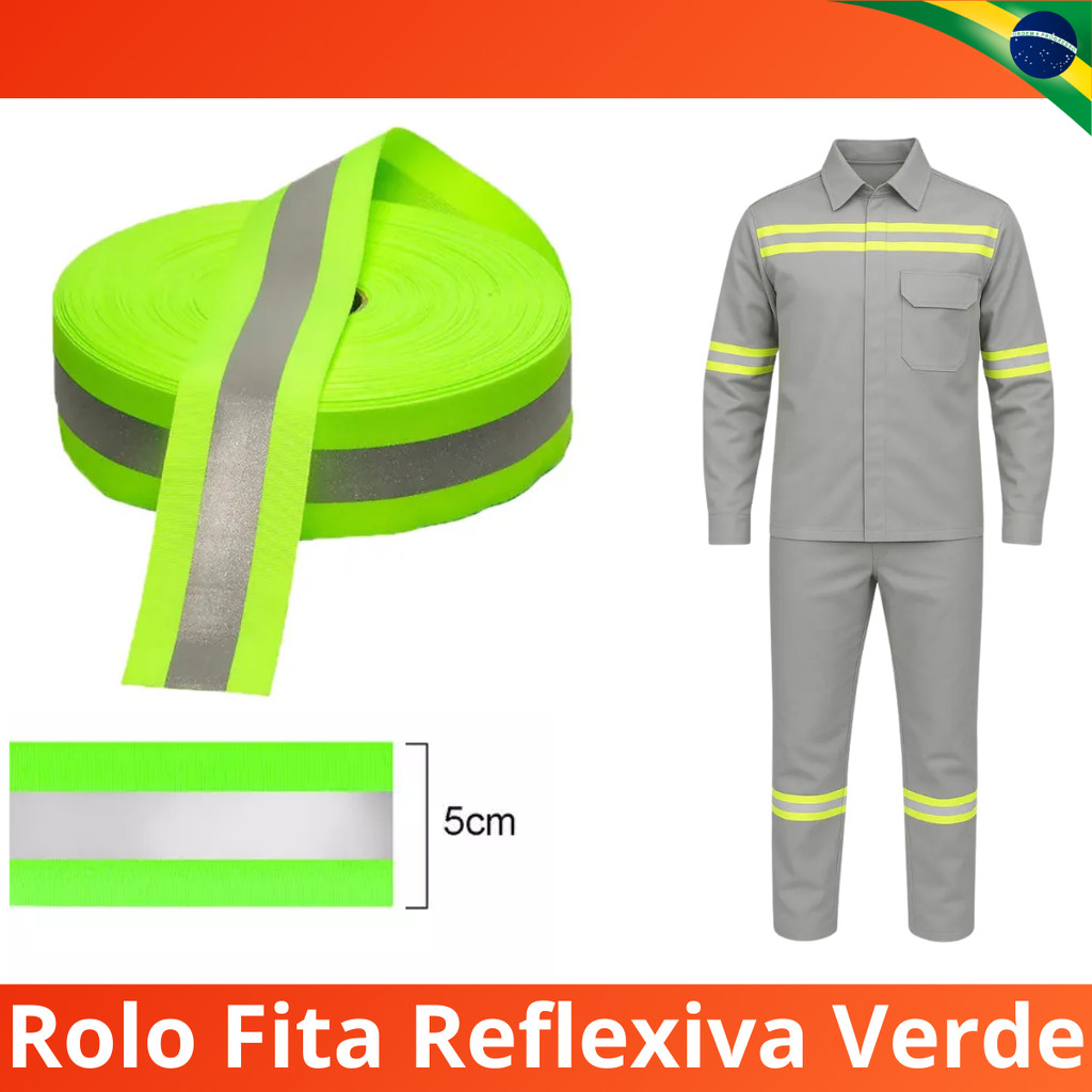 Fita Faixa Refletiva 5cm x 50m Rolo Verde Neon Segurança Uniforme Costura Gorgurão Uniforme Roupa