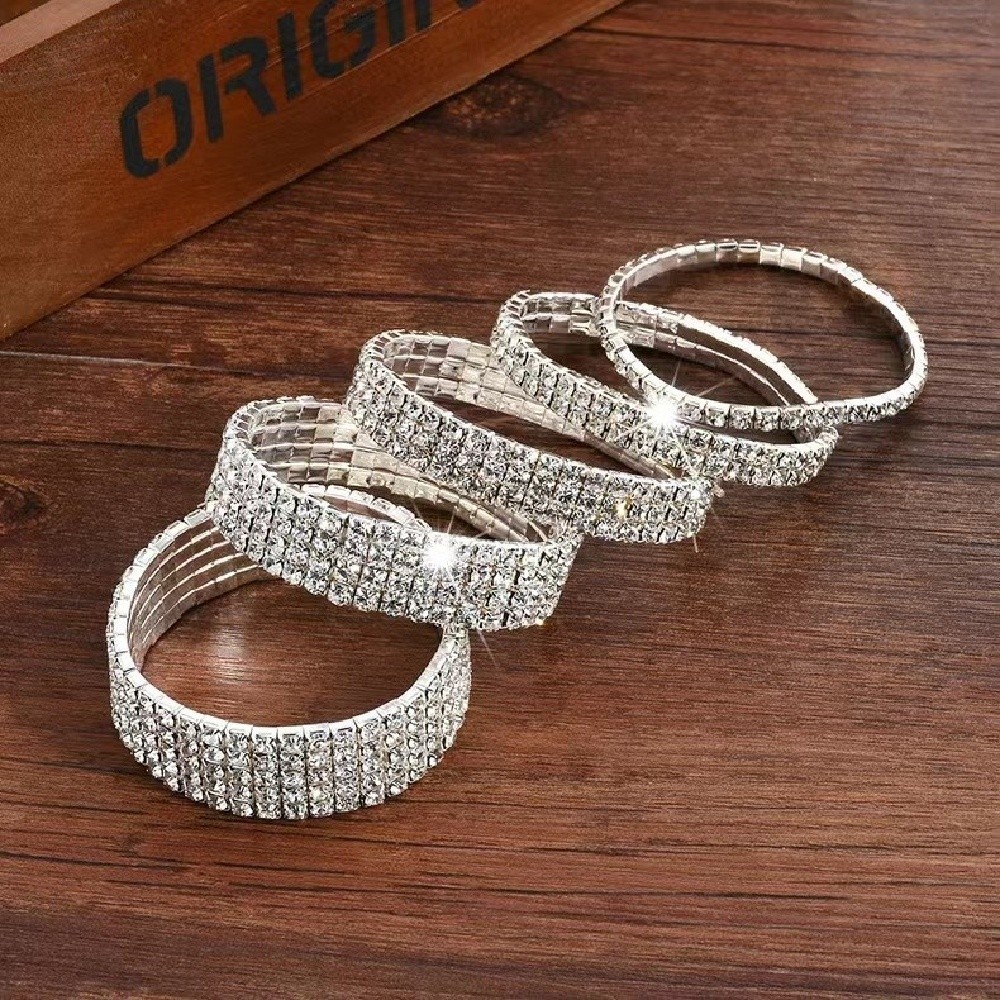 Pulseira Feminina de Strass Elástica Sem Fecho Dourada/Prateada 1 a 5 Fileiras