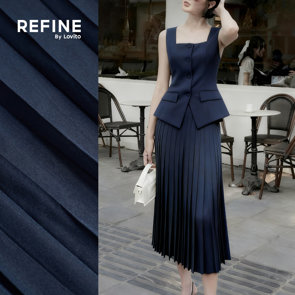 (Refine by Lovito) Elegantes Plissados com e Bolso Falso Saia Azul Marinho Primavera/verão para Mulheres LR32L021 em Oferta na Shopee
