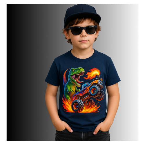 Camiseta Infantil Dinossauro T-rex Monster Truck Fogo