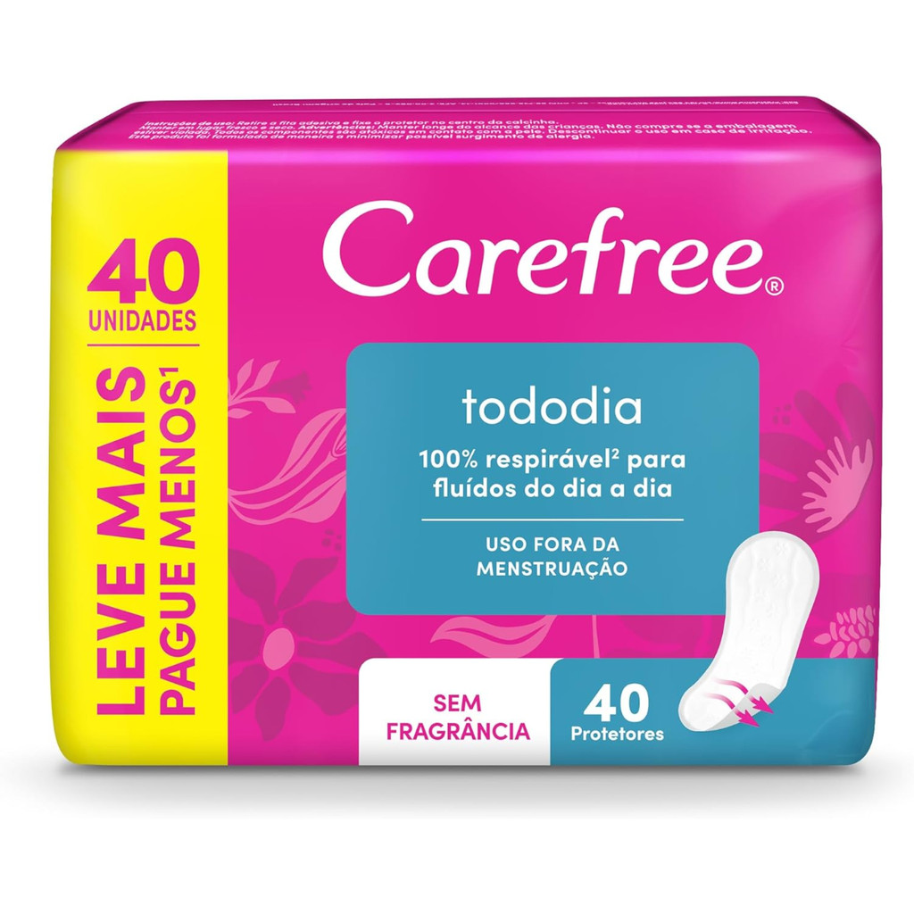 ABSORVENTE CAREFREE PROTETOR DIARIO TODO DIA SEM PERFUME 40 UNIDADES em Oferta na Shopee