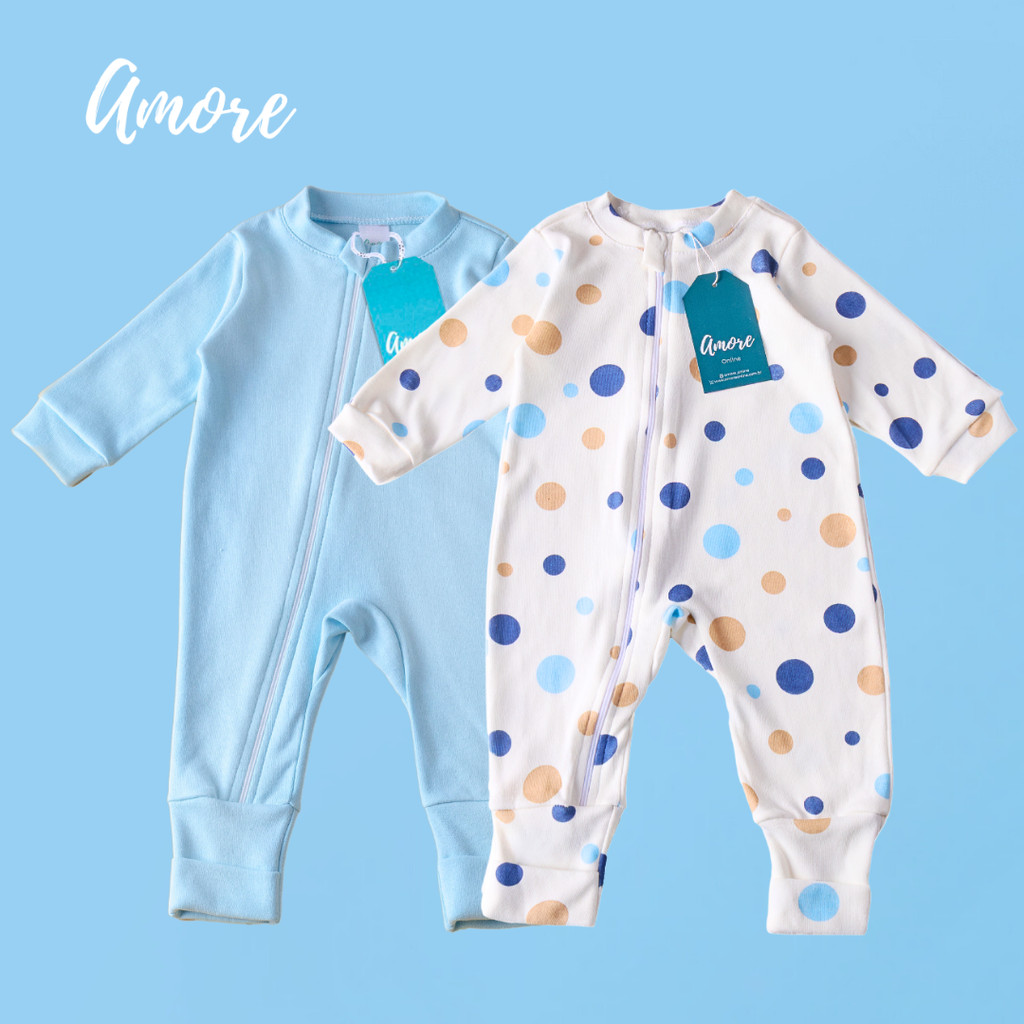 Kit 2 Macacão Vira Pé Bebê Amore Bolinha Azul e Azul Claro 100% Algodão em Oferta na Shopee