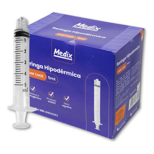 Seringa 5ml Luer Lock Hipodermica Sem Agulha Esteril 100 Uni 5 Ml