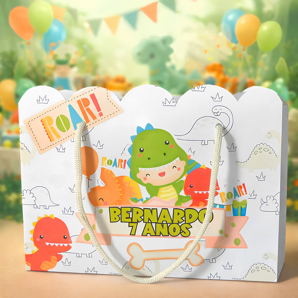 Kit Sacolinha Sacola Papelaria Personalizada Dino Baby Dinossauro Sacolinha de Lembrancinha Caixinha para Festa