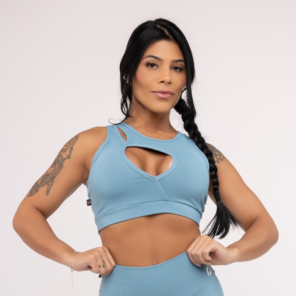 Top Fitness Feminino Sustentação Decote Gota Costas Estilizada Suplex Poliamida Compressão