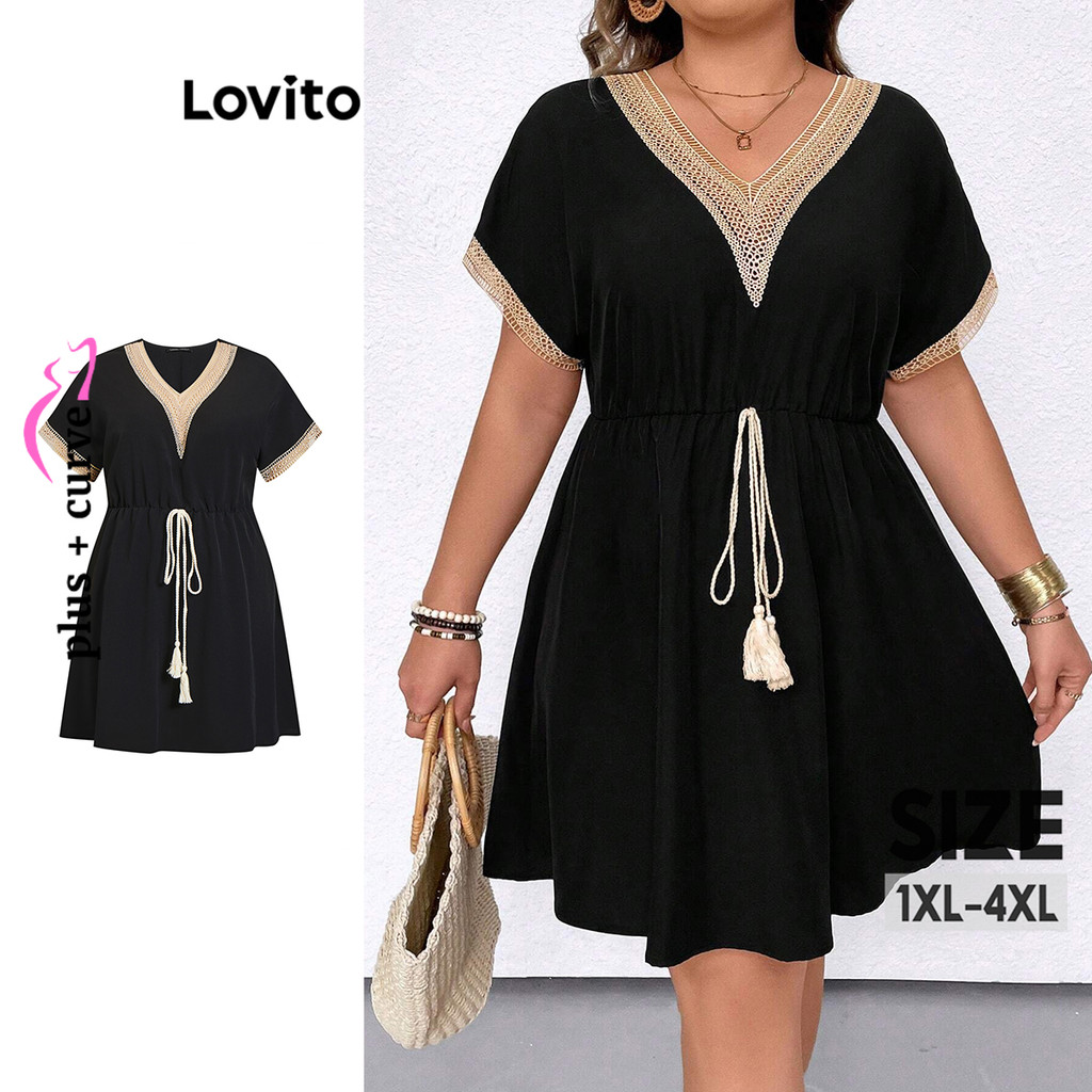 Lovito Vestido De Renda Plus Size Elegante Vestido De Borla Lisa Para Mulheres LBL16140