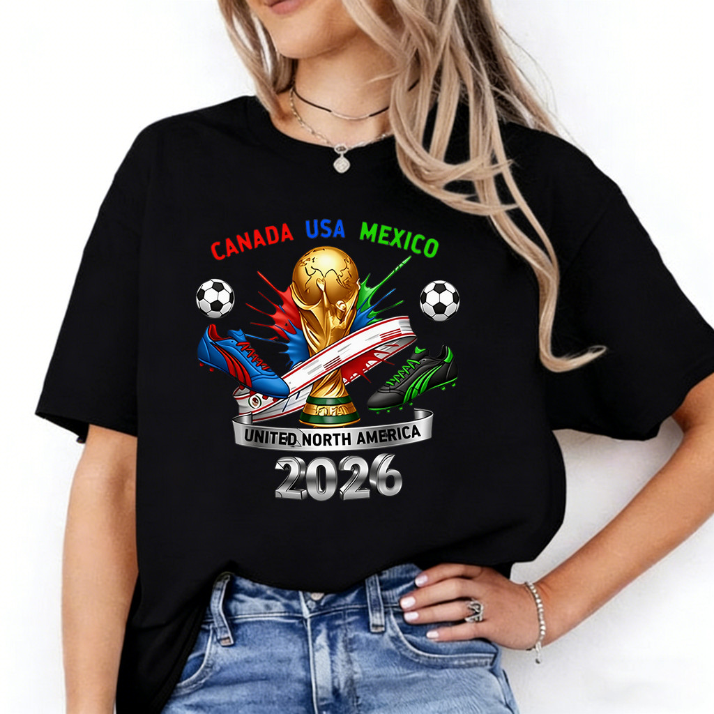Camiseta Futebol 2026 Canadá Usa México, Com Design Comemorativo Da Copa Do Mundo, Com Tênis De Futebol Azul E Preto, Ma