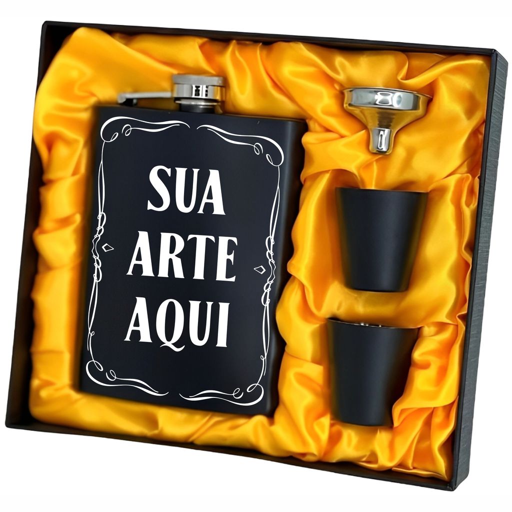 Kit Cantil Porta Bebidas Whisky Inox Funil Copo Shot Personalizado Nome Logo Empresa Brinde