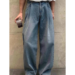 Estilo americano lavado angustiado Jeans masculino plissado solto macacão reto calças rua rua Wear Retro azul papai