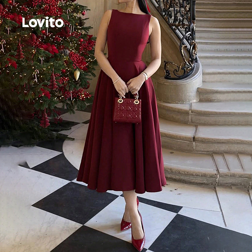 Lovito Vestido Feminino Casual Zíper Pregueado Casamento Festa Vermelho Primavera/verão Cor Vinho LK2ED151