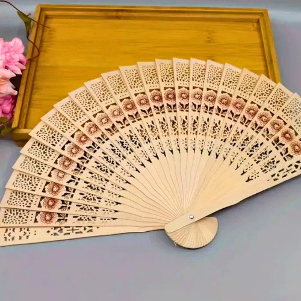 1 Leque de Mão Elegantes em Madeira Crua – Decorados com Flores, Ideais para Casamento e Festa