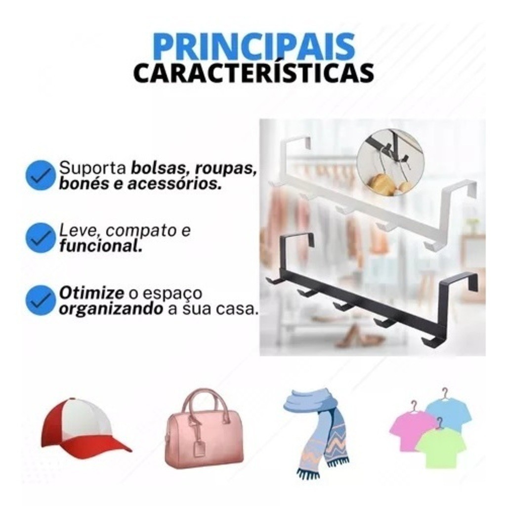 Cabide Suporte Para Porta Cabideiro Sua Casa Mais Organizada Top útil Com 5 Ganchos 7x30Cm Multiuso