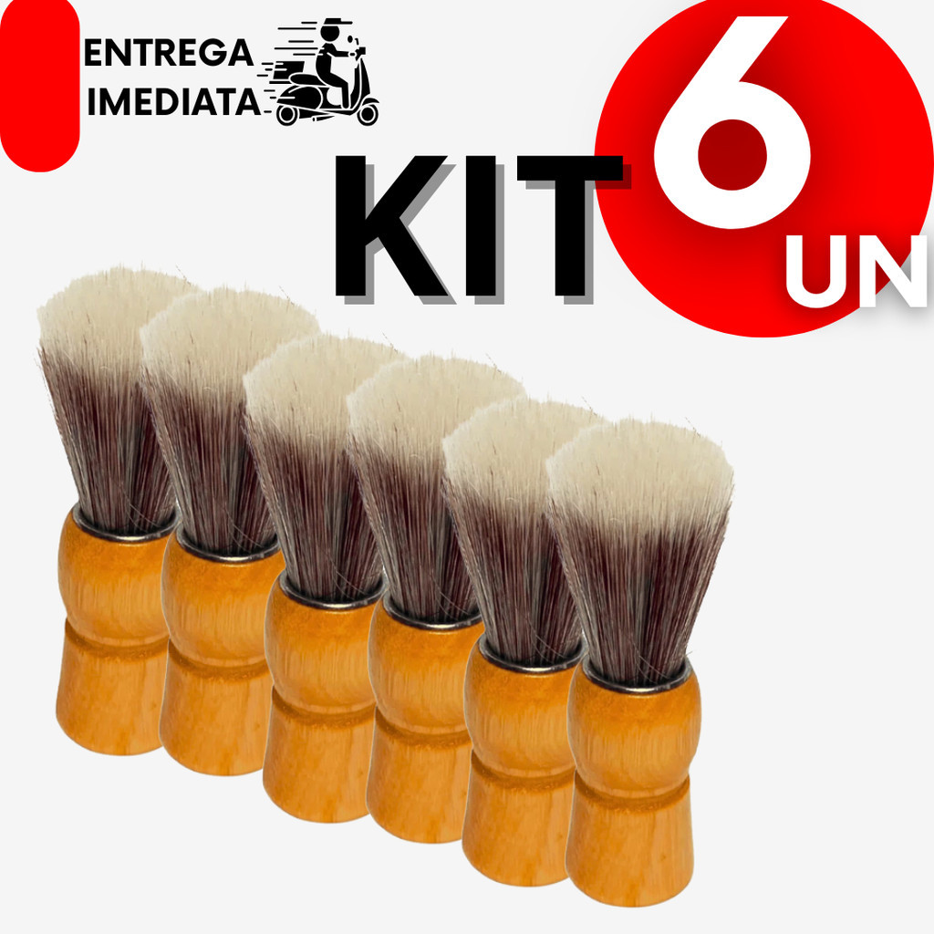 Pincel de Barbear Profissional 6 Unidades Macio Lavável Cabo Madeira Salão Cabeleireiro Barbearia