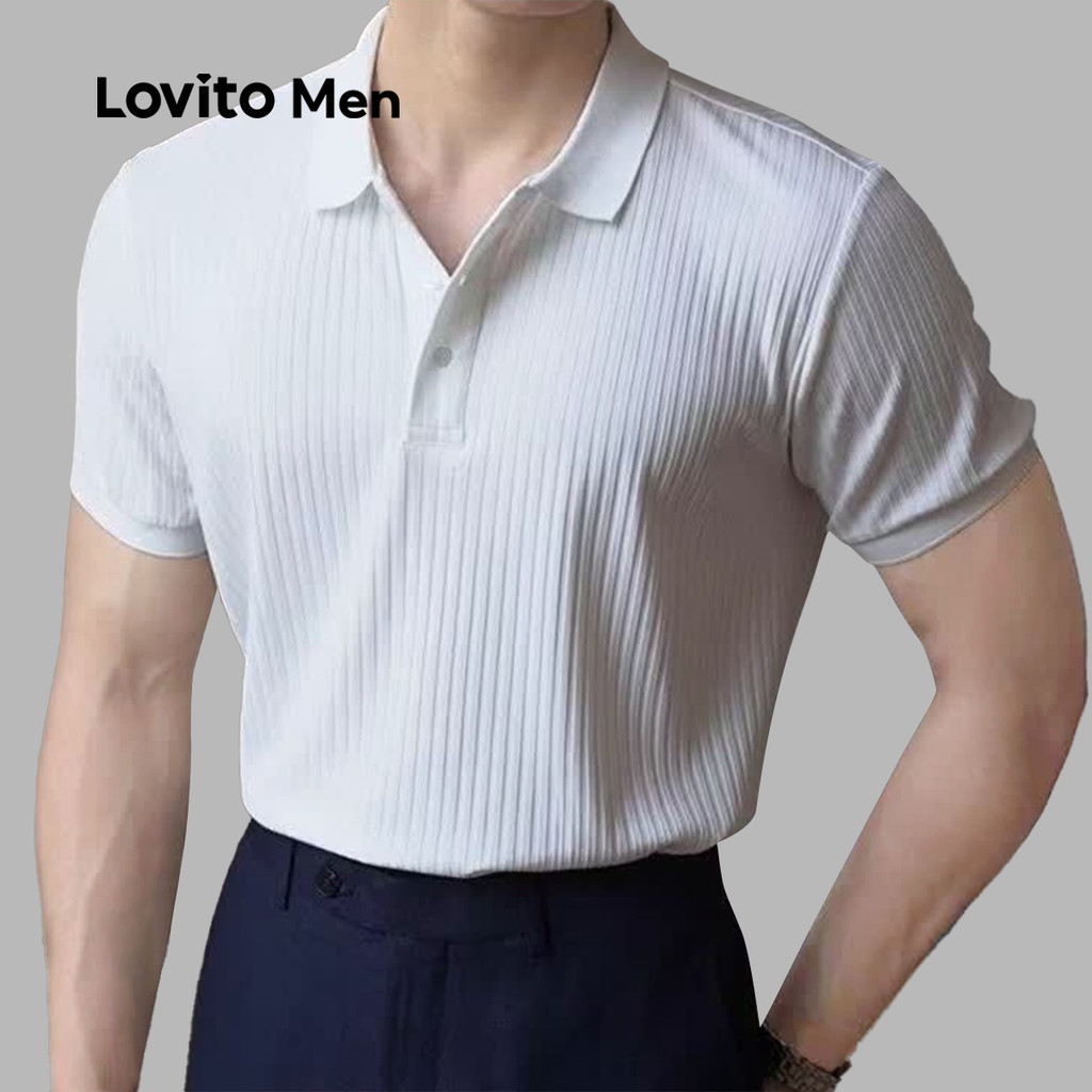 Lovito Men Camisa Polo Elegante com Botões Pregueada Primavera/verão Camisa Polo Branca para Homens LNE118023 em Oferta na Shopee
