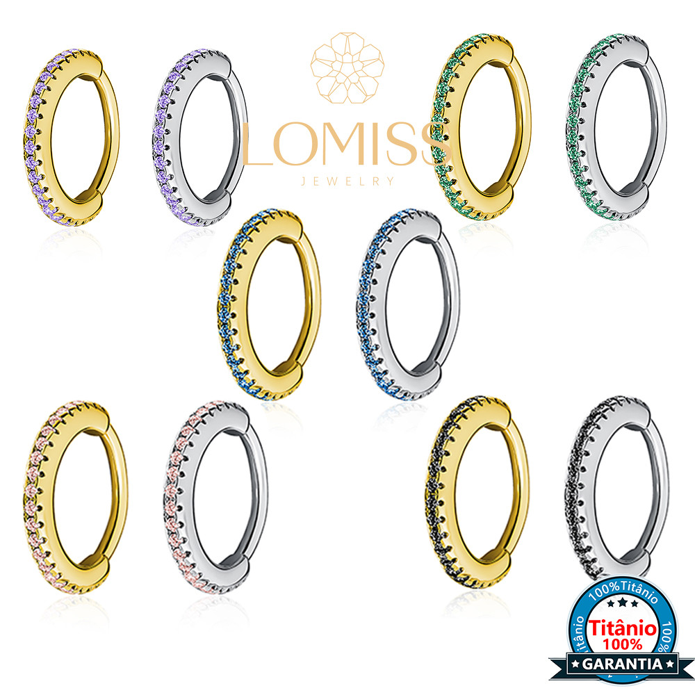 Piercing Orelha Nariz Argola CLIK Titânio Coloridas Zircônias Piercing Septo de Boca Argola Titanium