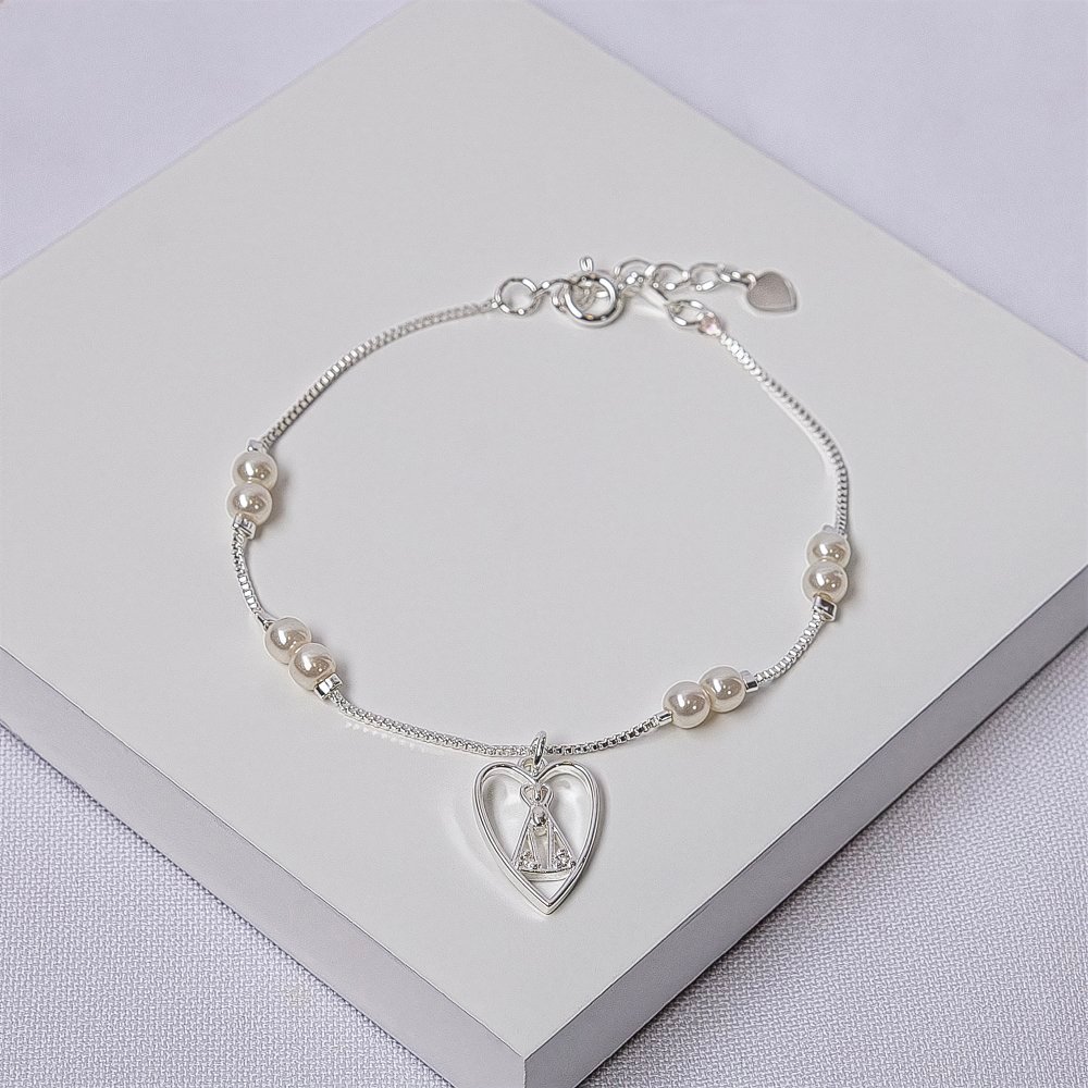 Pulseira Folheada Prata Pérolas com Nossa Senhora