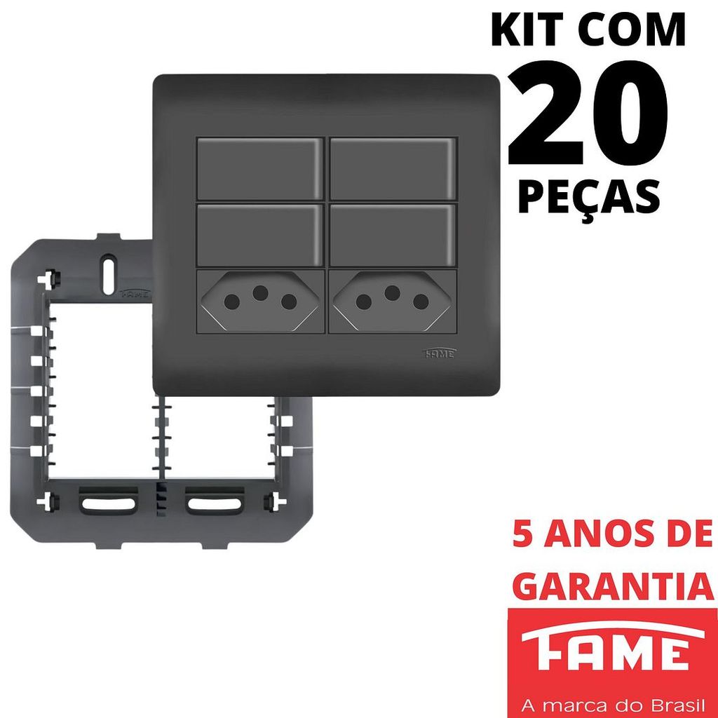 20un Interruptor Paralelo Three Way 10A 4 Teclas e Tomada Padrão Dupla 2P+T 20A Com Placa 4X4 Habitat Black Preto FAME