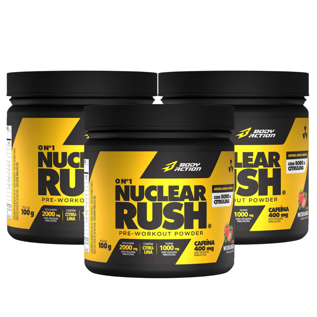 3x Pre treino Nuclear Rush Cafeína Body Action Morango 100g