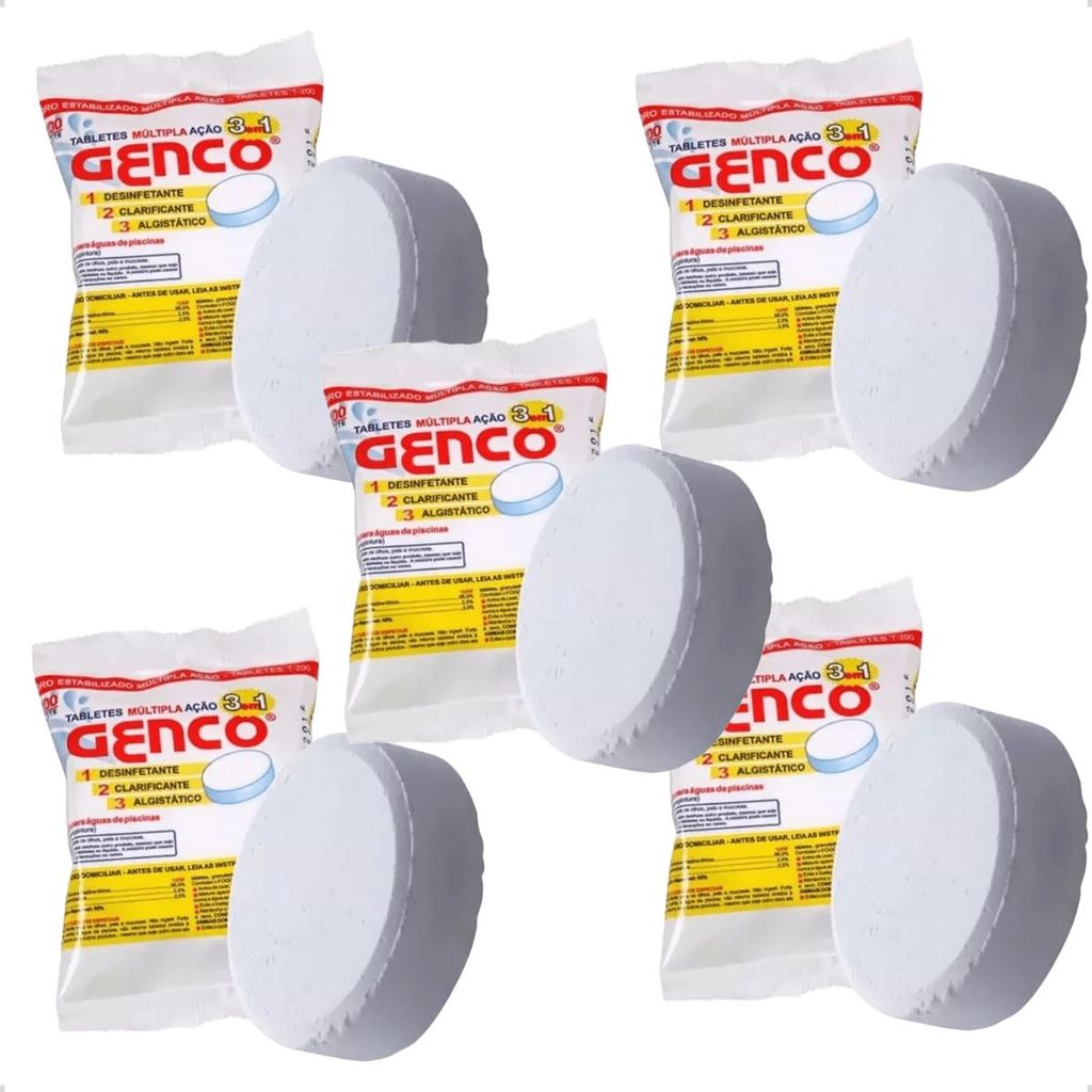 Kit 5 Pastilhas Cloro Genco 3 Em 1 Tablete 200g Múltipla Ação Original em Oferta na Shopee